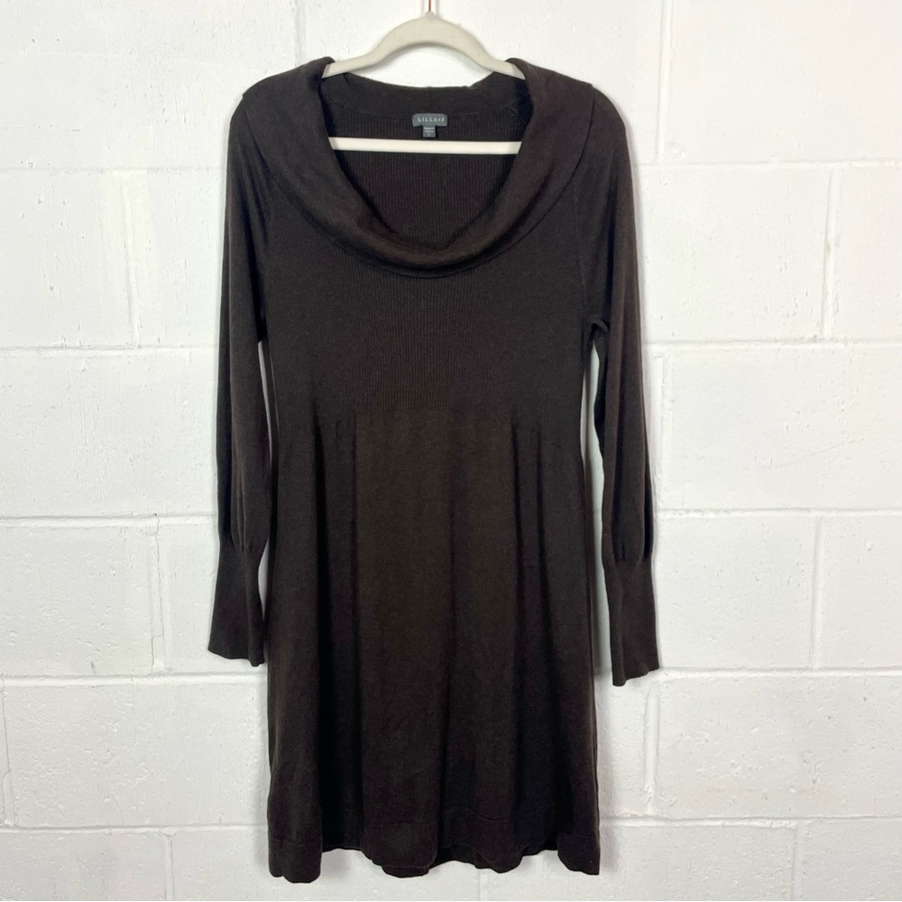 Lilla‎ P Sweater Dress Brown Cashmere Blend Cowl Neck Preppy Minimal Old Money L